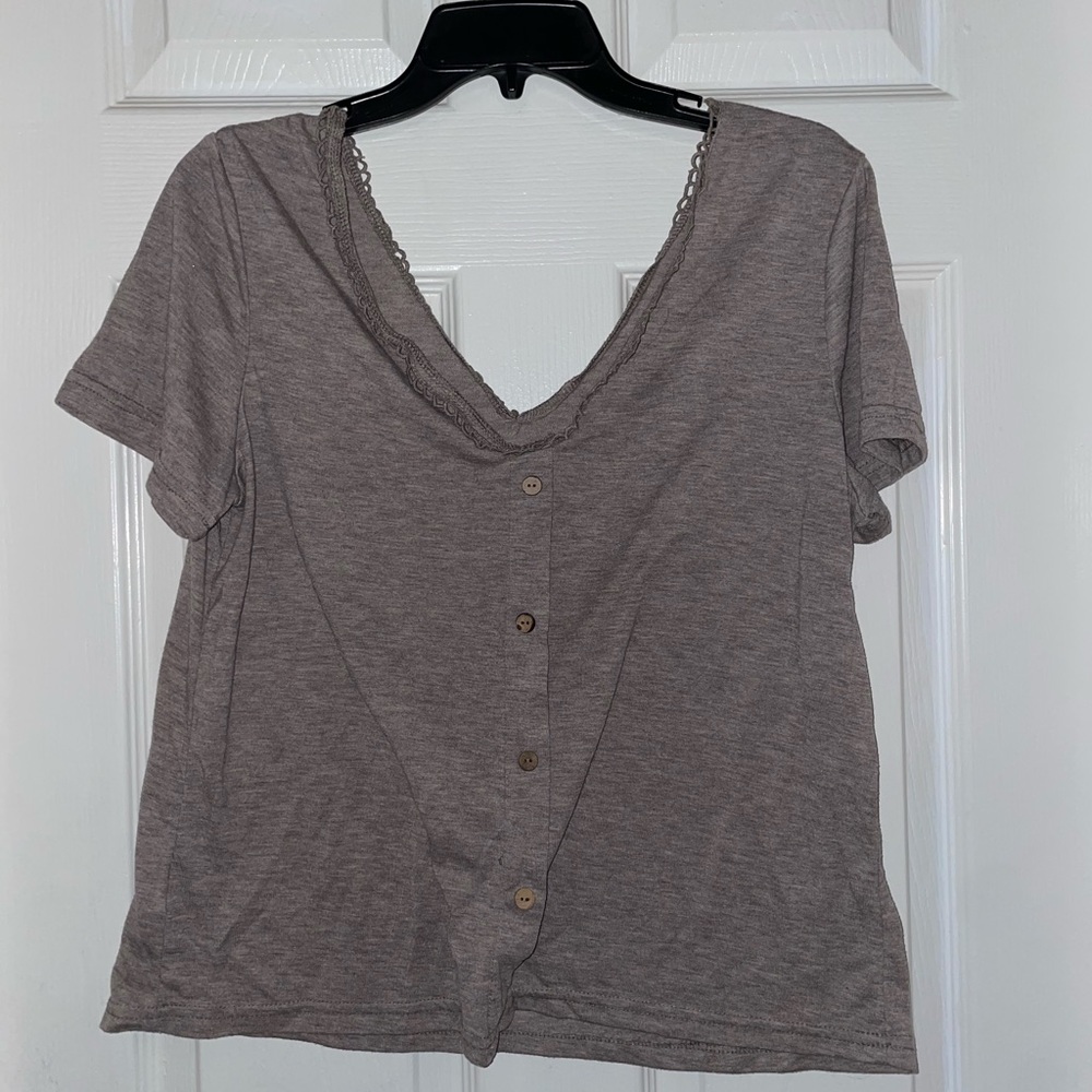SHEIN Taupe Short Sleeve V-Neck Button Front Top